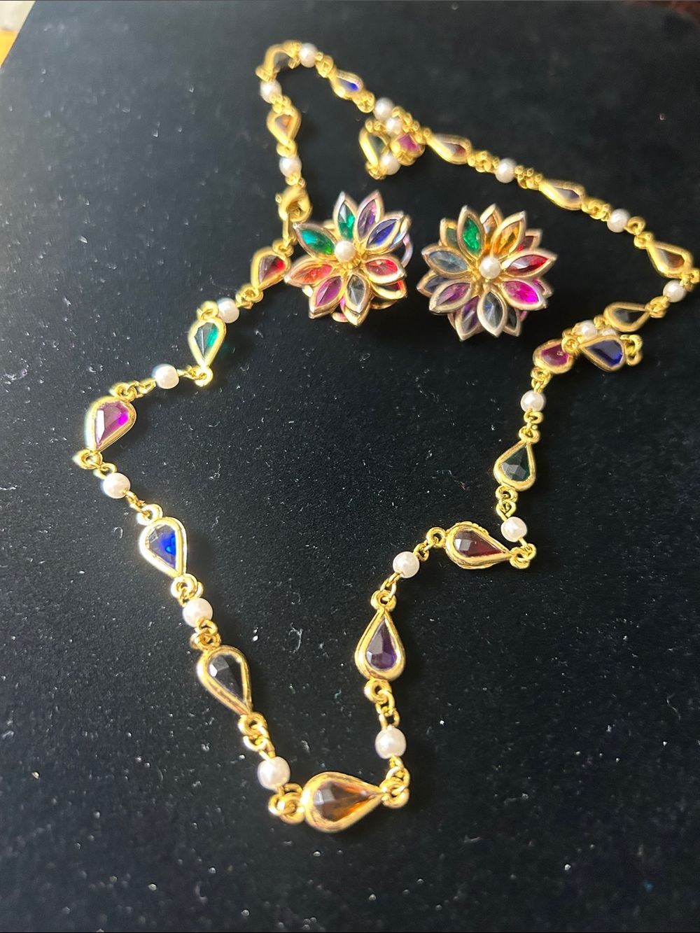 Multicolor Teardrop Station Necklace and Floral clip Earrings - Gold Tone
